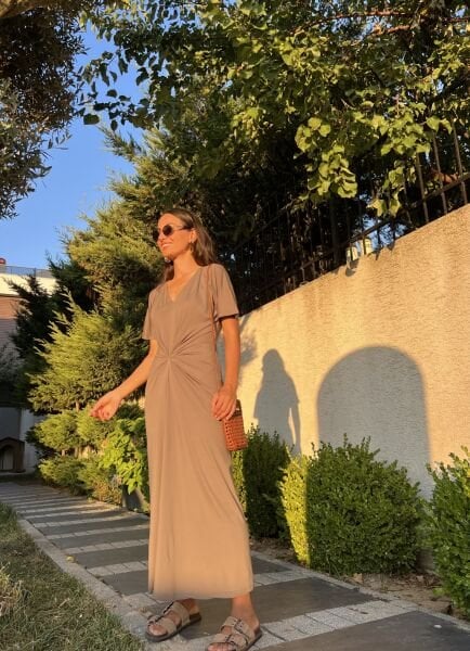 Haki Önü Düğüm Detaylı Modal Elbise