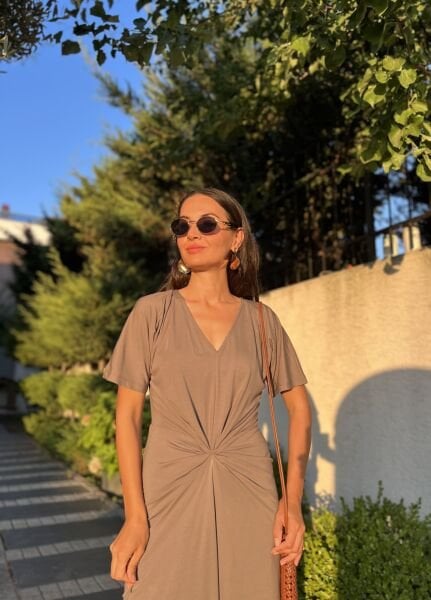 Haki Önü Düğüm Detaylı Modal Elbise