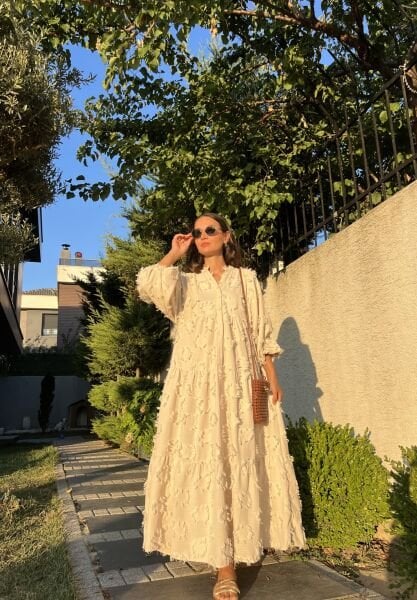 Püskül Detaylı Katleya Elbise-Bej
