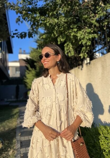 Püskül Detaylı Katleya Elbise-Bej