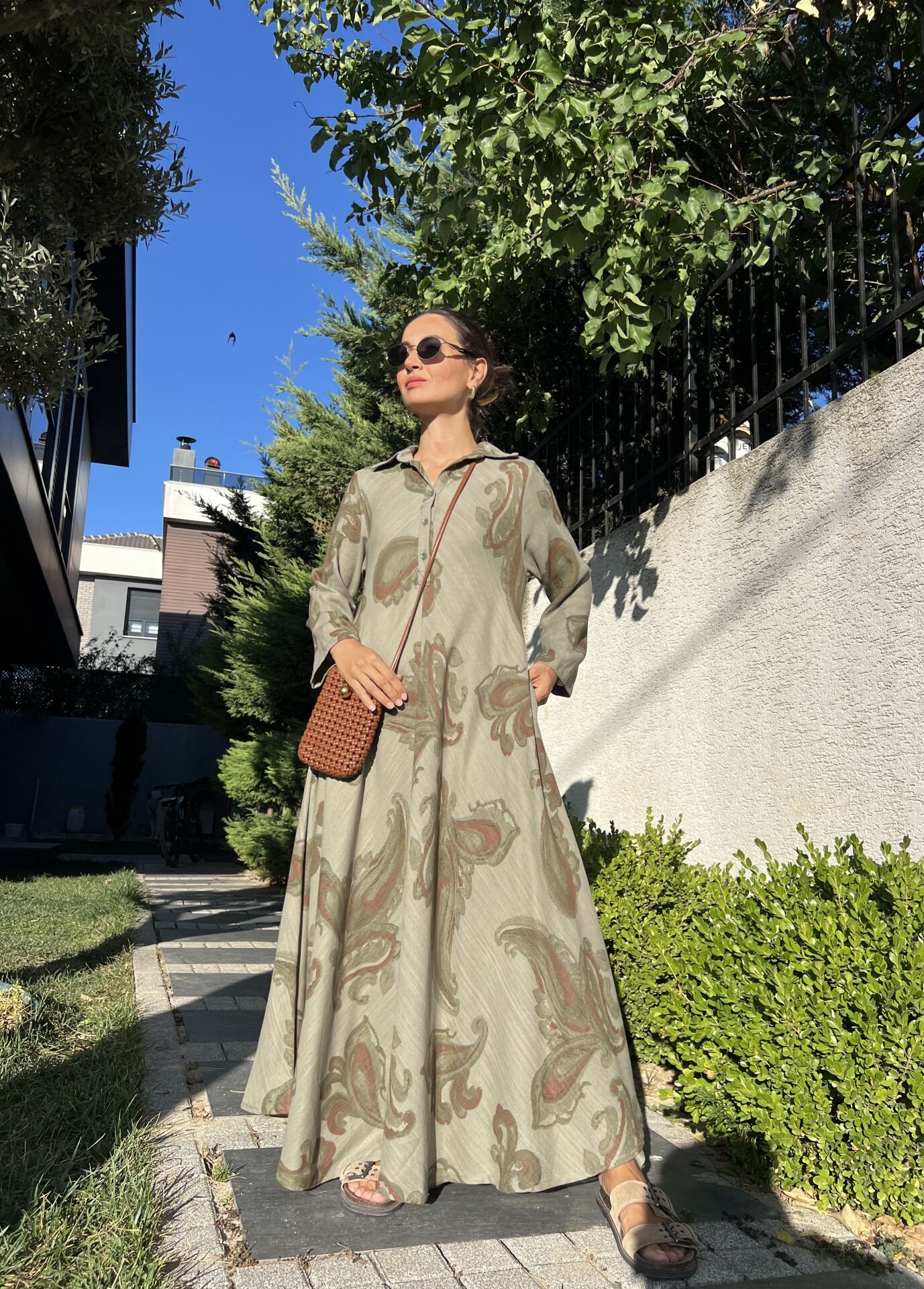 Önü Düğmeli Maxi Elbise-Haki