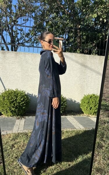 Önü Düğmeli Maxi Elbise-Lacivert