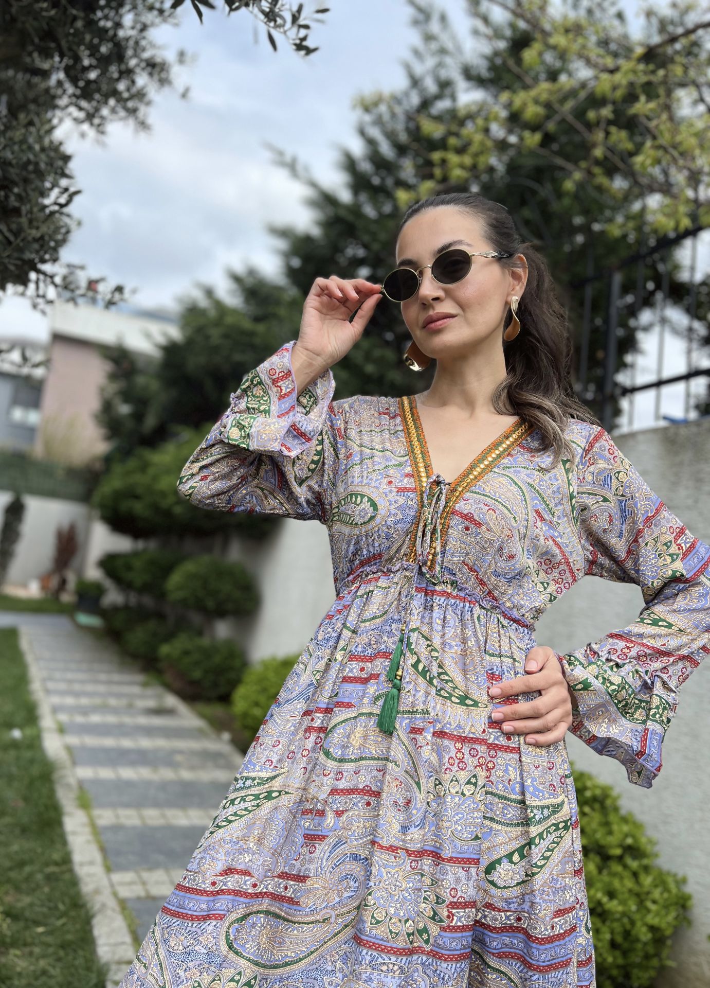 Kolları Volanlı Desenli Elbise-Lila