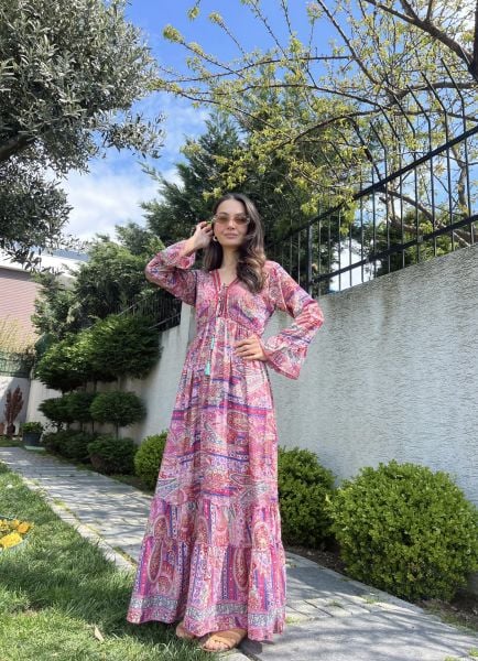 Kolları Volanlı Desenli Elbise-Pembe