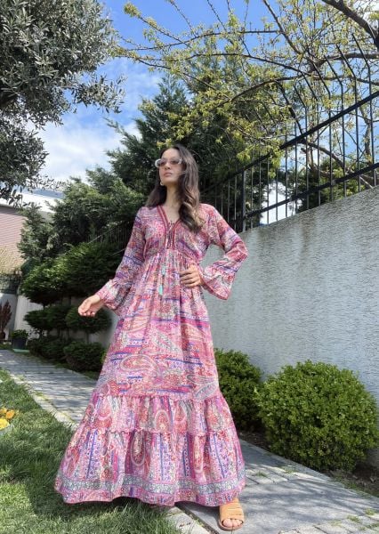 Kolları Volanlı Desenli Elbise-Pembe