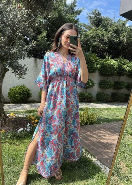 Desenli Yırtmaçlı Elbise-Mavi