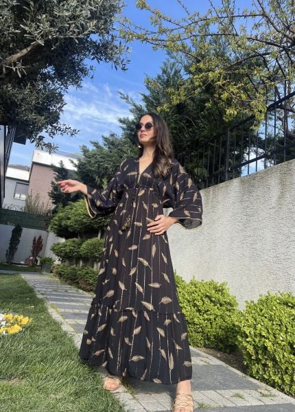 Siyah Yaprak Gold  Desen İthal Elbise
