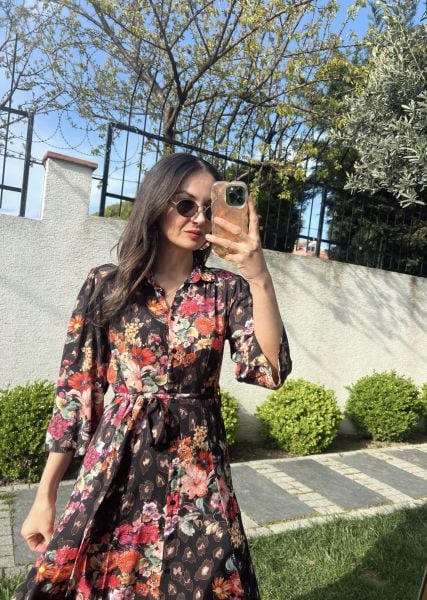 Çiçek Desen Vatkalı Gömlek Elbise