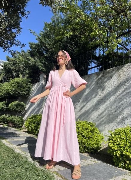 Kruvaze Müslin Elbise-Pembe(12.05 ÖNSİPARİŞ)