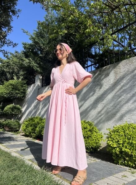 Kruvaze Müslin Elbise-Pembe(12.05 ÖNSİPARİŞ)