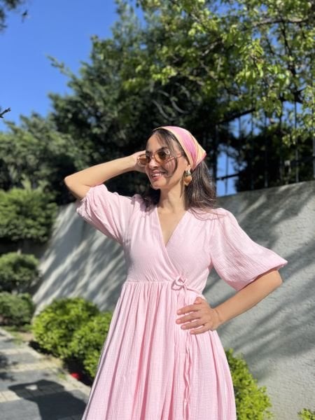 Kruvaze Müslin Elbise-Pembe(12.05 ÖNSİPARİŞ)