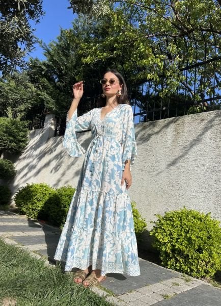 Kolları Volanlı Tasarım Elbise-Mavi
