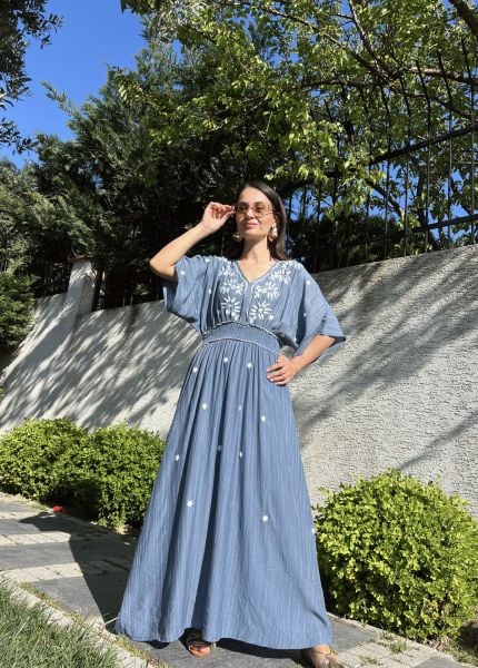 İşlemeli Maxi İndigo Elbise