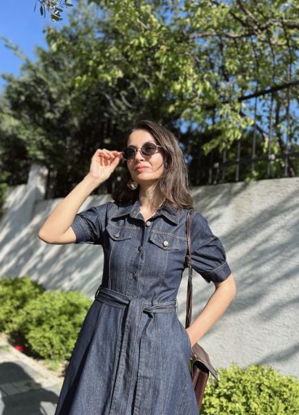 Boydan Düğmeli Denim Elbise
