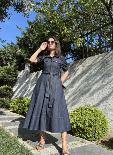 Boydan Düğmeli Denim Elbise