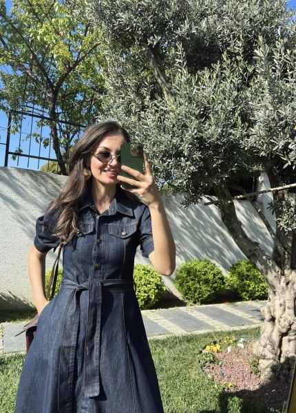 Boydan Düğmeli Denim Elbise