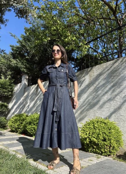Boydan Düğmeli Denim Elbise